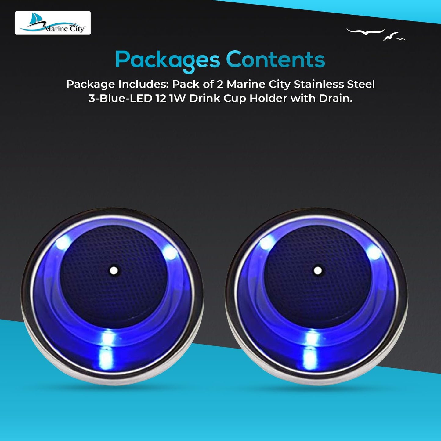 Marine City Portavasos de acero inoxidable con 3 LED azules, 12 V, 1 W, con drenaje (2 unidades)