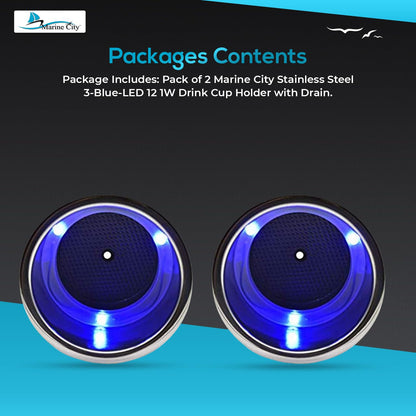 Marine City Portavasos de acero inoxidable con 3 LED azules, 12 V, 1 W, con drenaje (2 unidades)