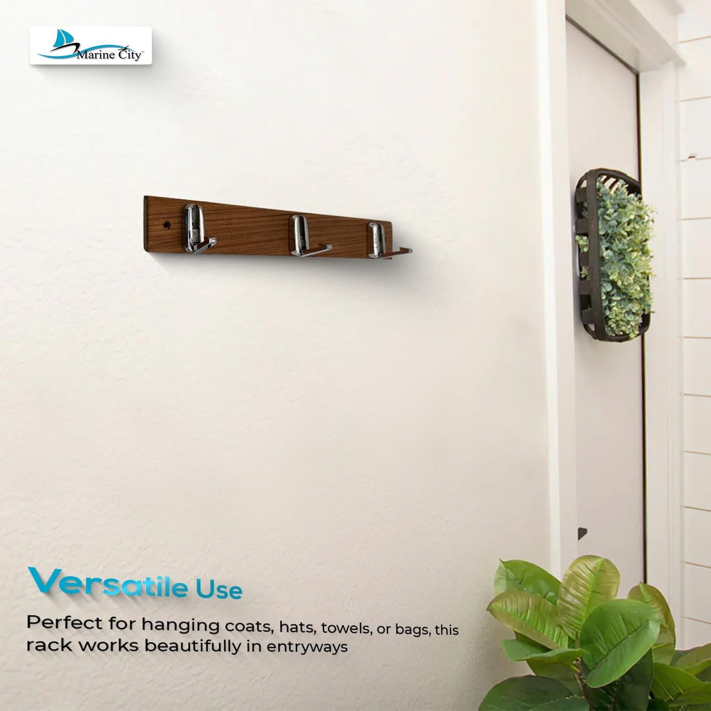 Marine City 3-Hook Rack with Teak Wood Base – 316 Stainless Steel Folding Hooks