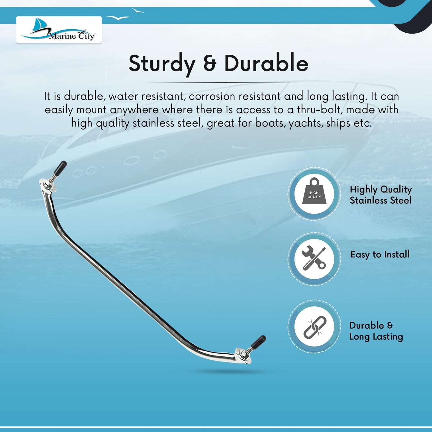 Marine City Stainless Steel Oval Grab Rail Handle with Flange & Stud – 16 Inch