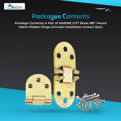 Marine City Hidden Hatch Hinges – Brass 180° Flush Mount, 2-13/16” (Pack of 2)