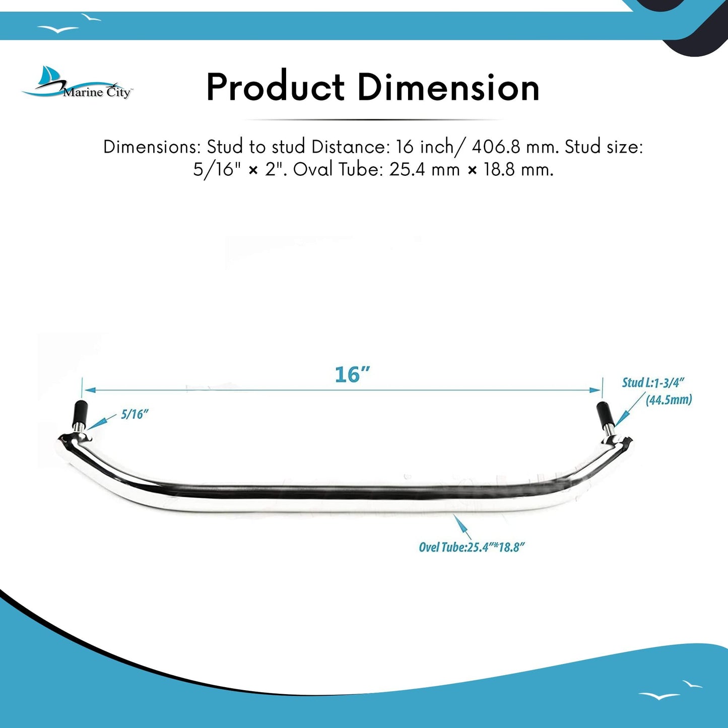 Marine City Stainless Steel Oval Grab Rail Handle with Flange & Stud – 16 Inch