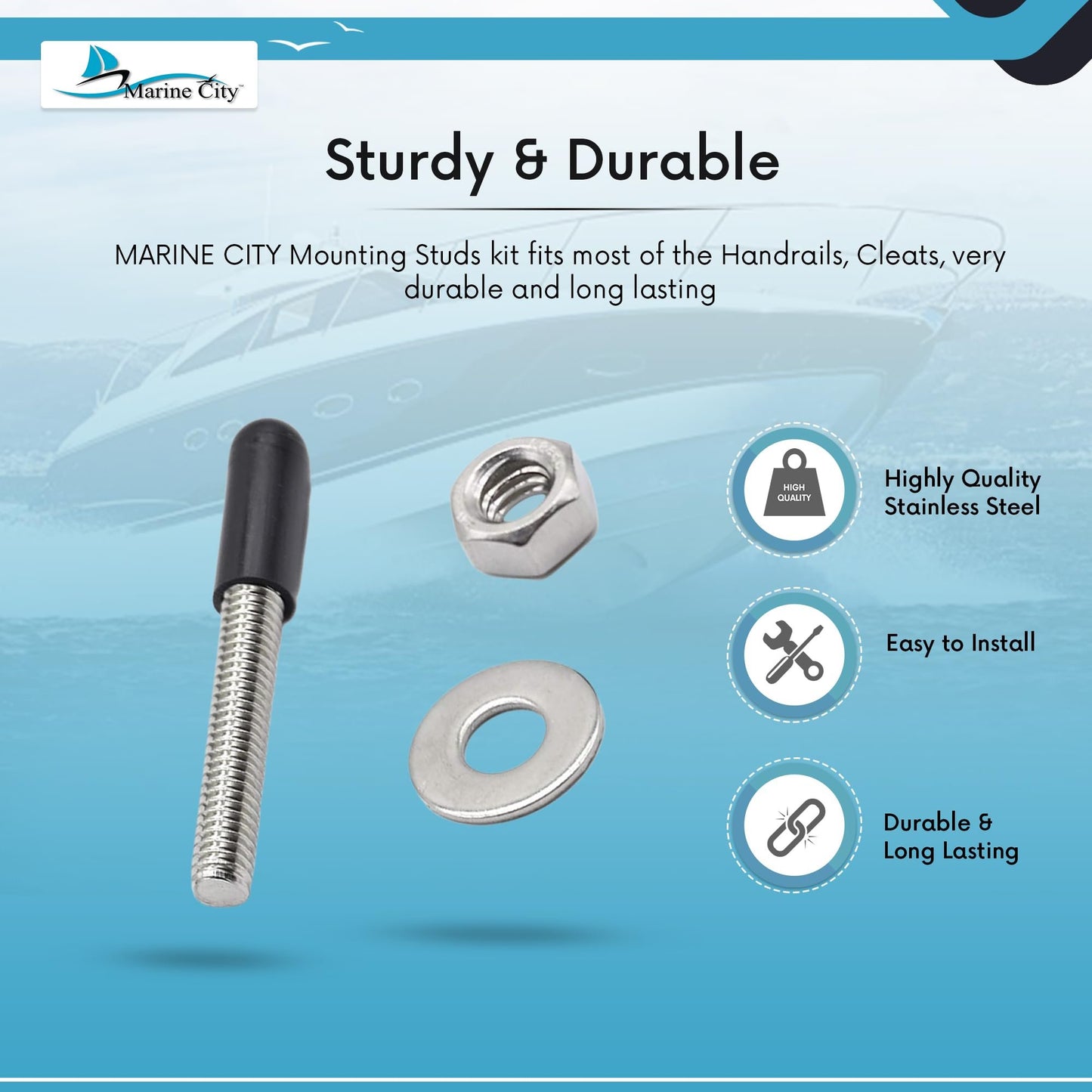 Marine City Mounting Studs Kit for Handrails & Cleats – 304 Stainless Steel