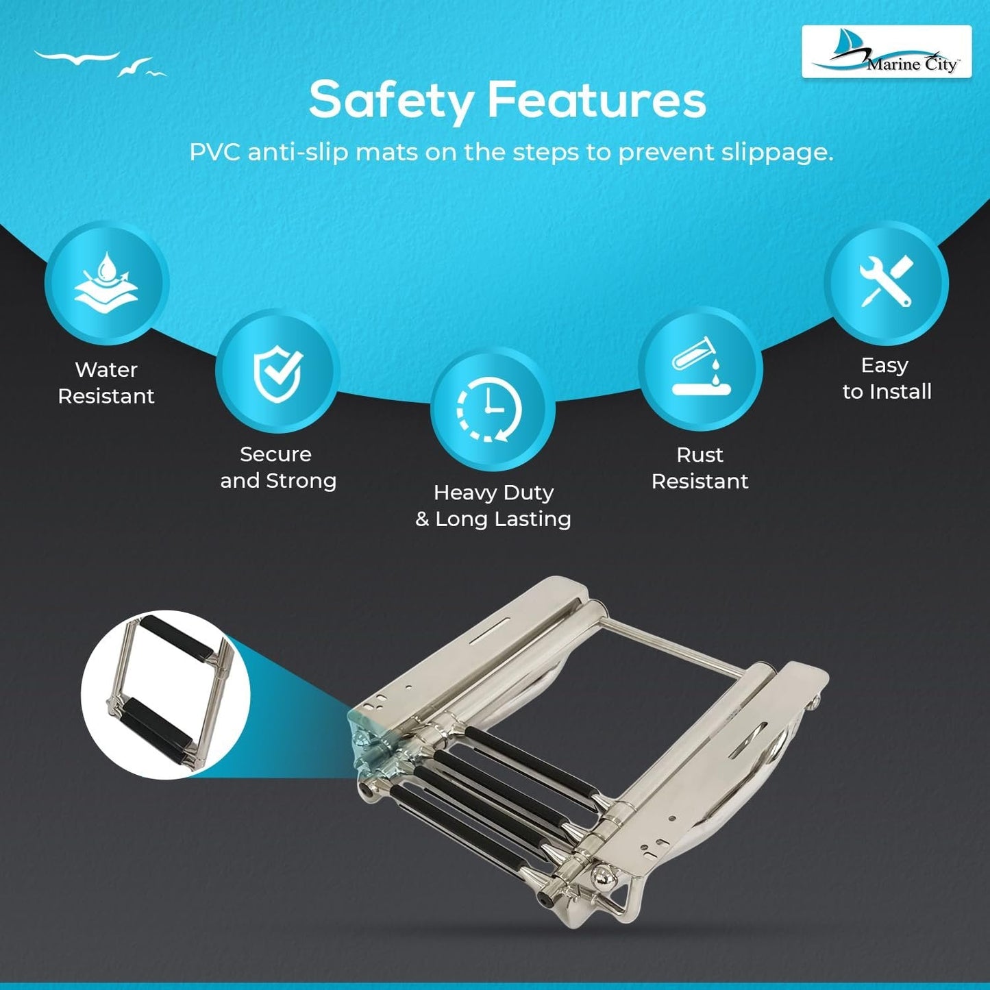 Marine City 4-Step Telescoping Ladder with Retractable Handrail Stainless Steel MARINE CITY