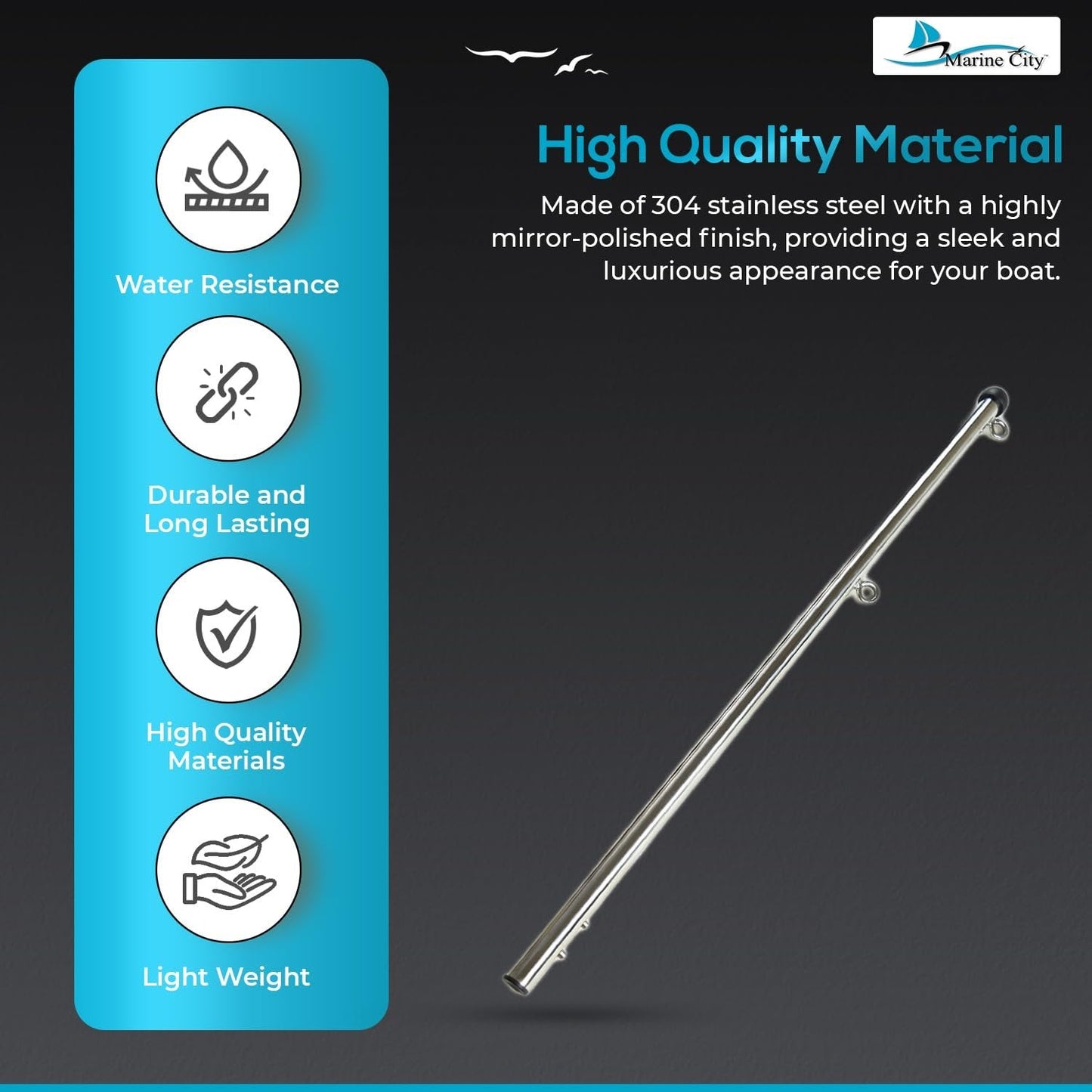 Marine City Boat 304 Stainless Steel 30 Inches Flag Stanchion Pole -7/8 inches Stock for 12 inches ×18 inches Flag Marine City