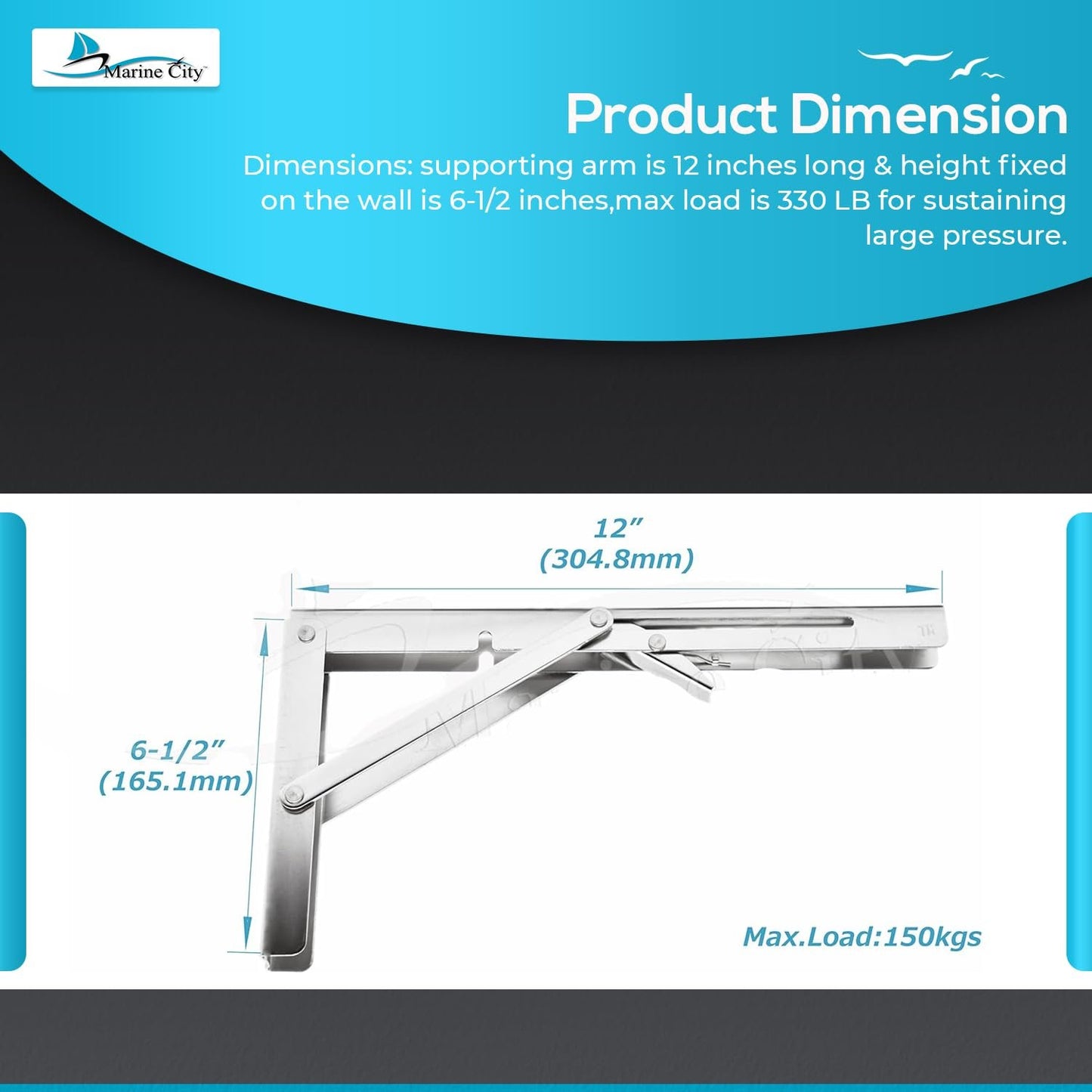 Marine City 304 Stainless Steel Folding Table Bracket – 12” Long Release Arm