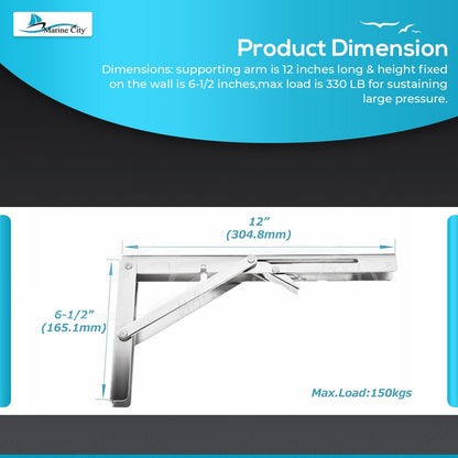 Marine City 304 Stainless Steel Folding Table Bracket – 12” Long Release Arm
