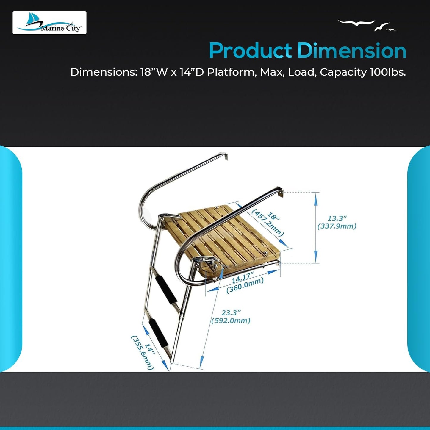 MARINE CITY Escalera de plataforma de teca para baño de 2 escalones marinos de acero inoxidable I/B