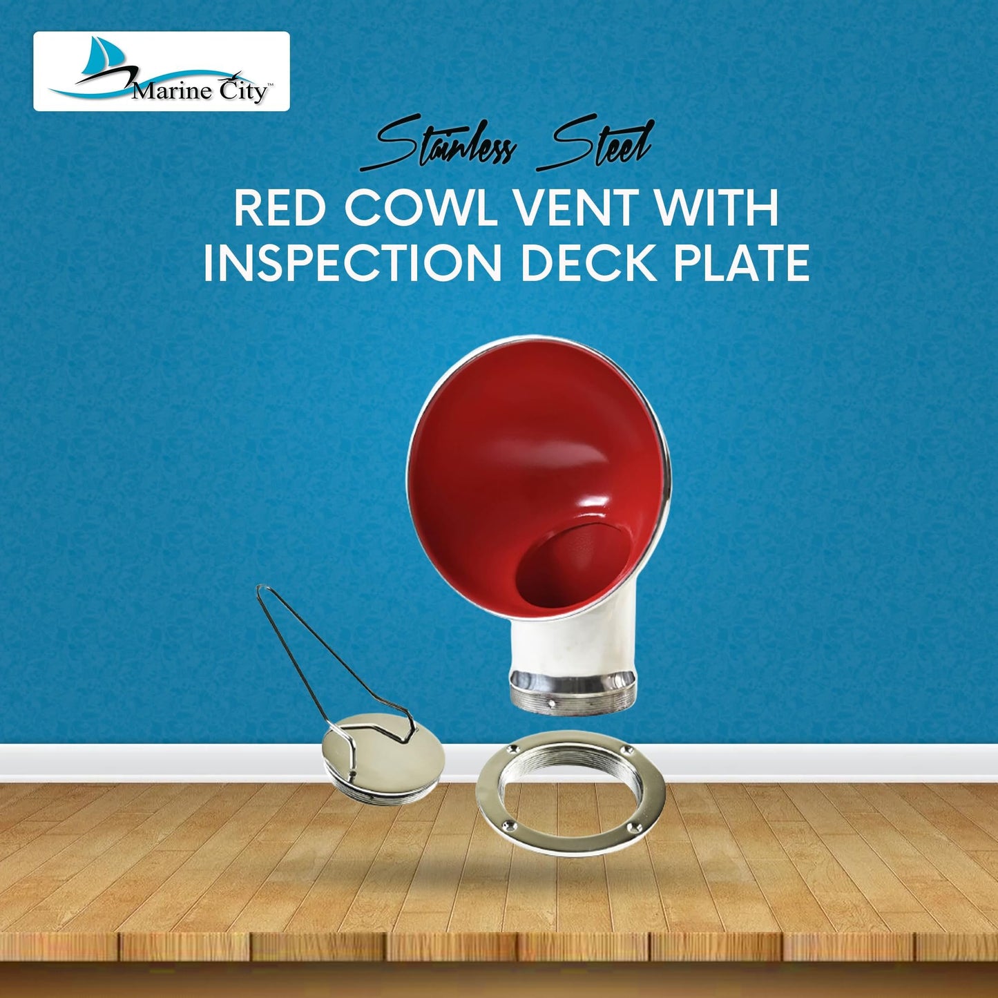 Marine City 4-Inch Round Red Cowl Vent with Deck Plate – 304 Stainless Steel