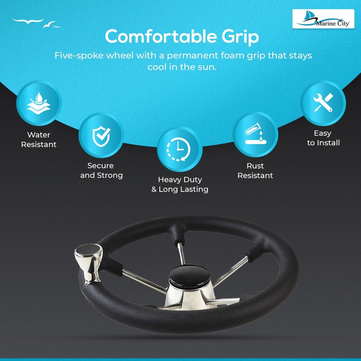 Marine City 14 Inches Stainless Steel Steering Wheel – PU Foam Grip, 5-Spoke