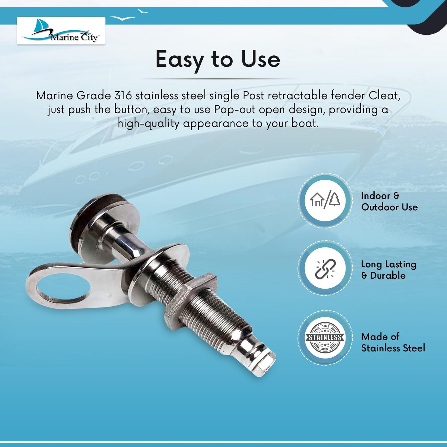 Marine City Retractable Pop-Out Fender Cleat – 316 Stainless Steel, Push-Button Marine City