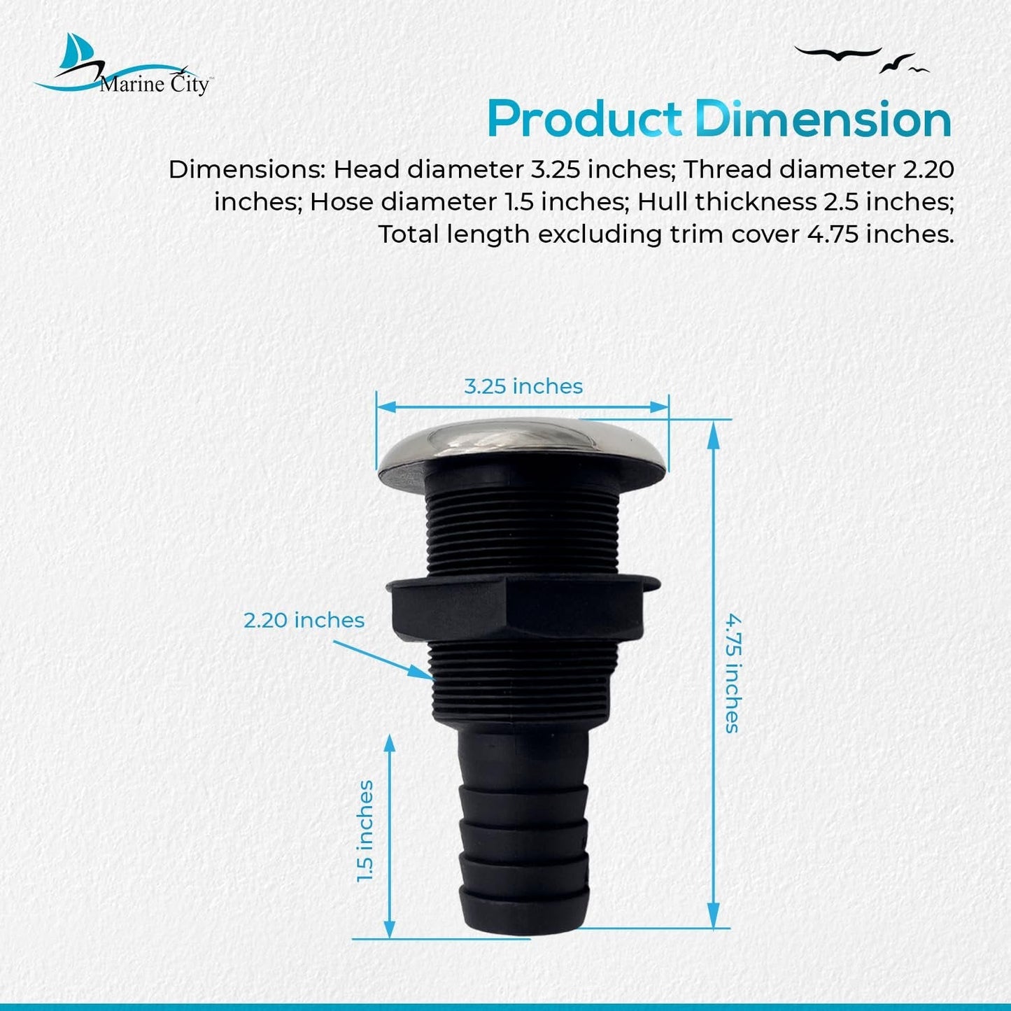 Marine City 3.25” Nylon Thru-Hull Fitting, Stainless Steel Trim & Rubber Flapper MARINE CITY