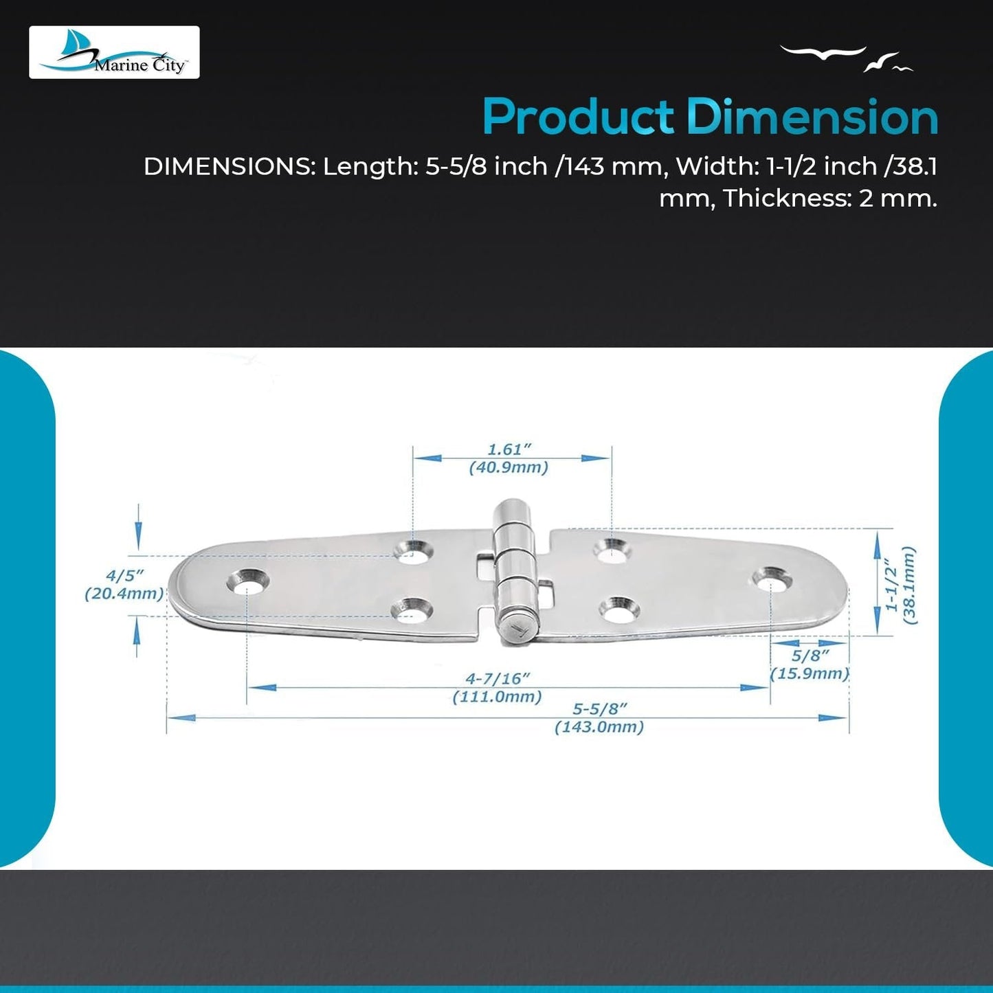 Marine City 304 Stainless Steel Round Door Strap Hinges (5-5/8” × 1.5”) (2 Pcs) Marine City