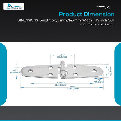 Marine City 304 Stainless Steel Round Door Strap Hinges (5-5/8” × 1.5”) (2 Pcs) Marine City