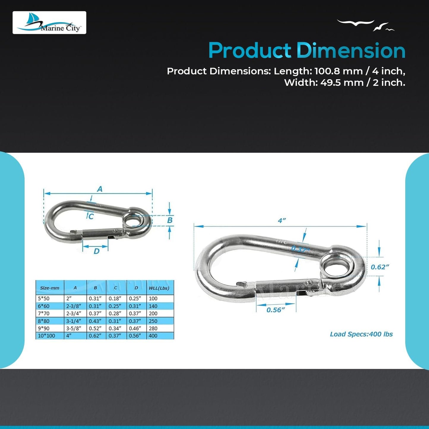 Marine City Carabiner Clip Snap Hook with Ring 2-3/4” Stainless Steel, Rustproof