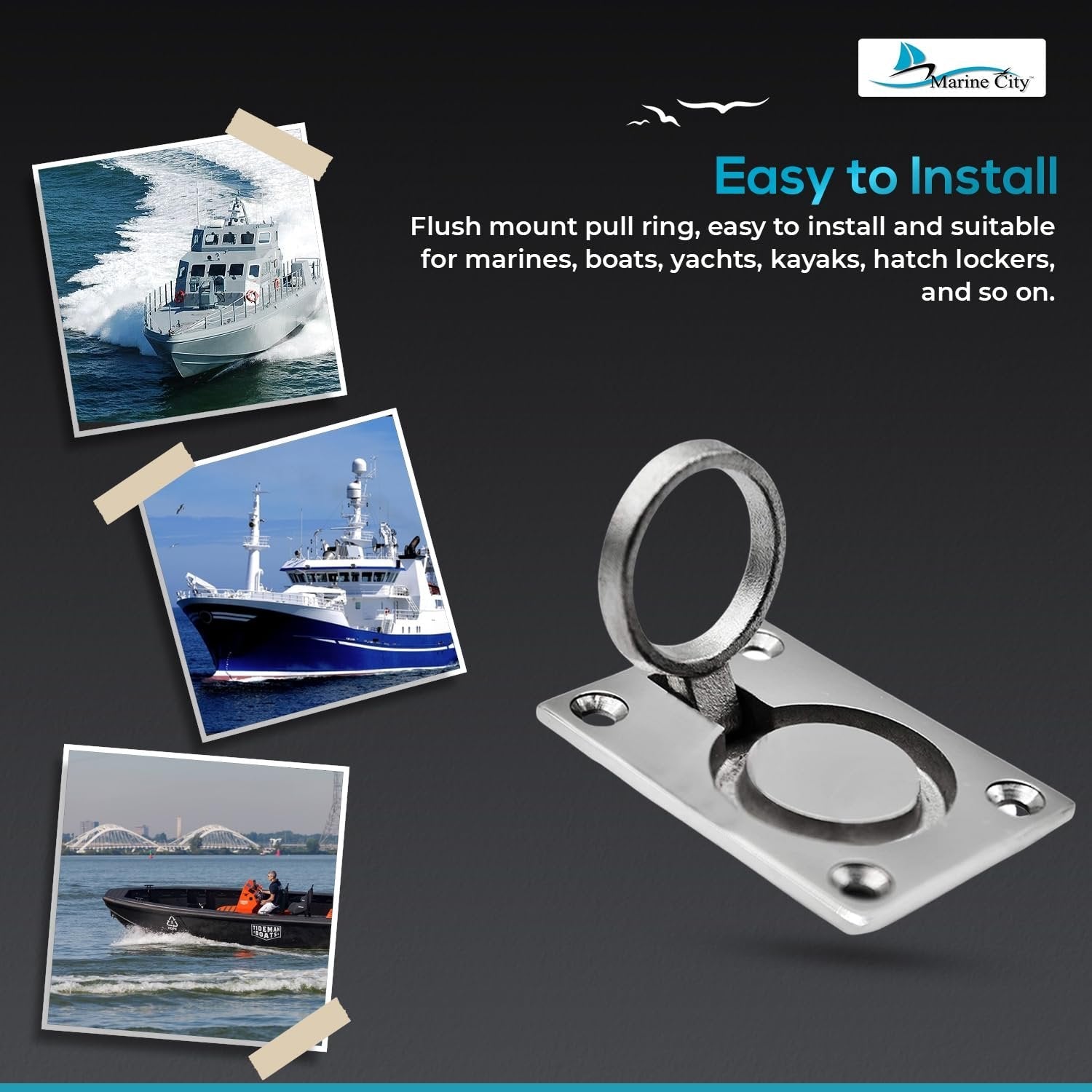 Marine City Locker Lift Pull Ring Handle – 316 Stainless Steel, 4-Point Fixing Marine City Hardware