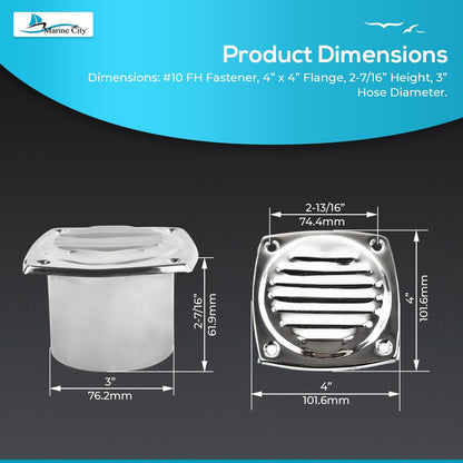 Marine City 304 Stainless Steel Hose Vent, 3” Diameter, Polished Louvered Design