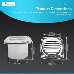 Marine City 304 Stainless Steel Hose Vent, 3” Diameter, Polished Louvered Design