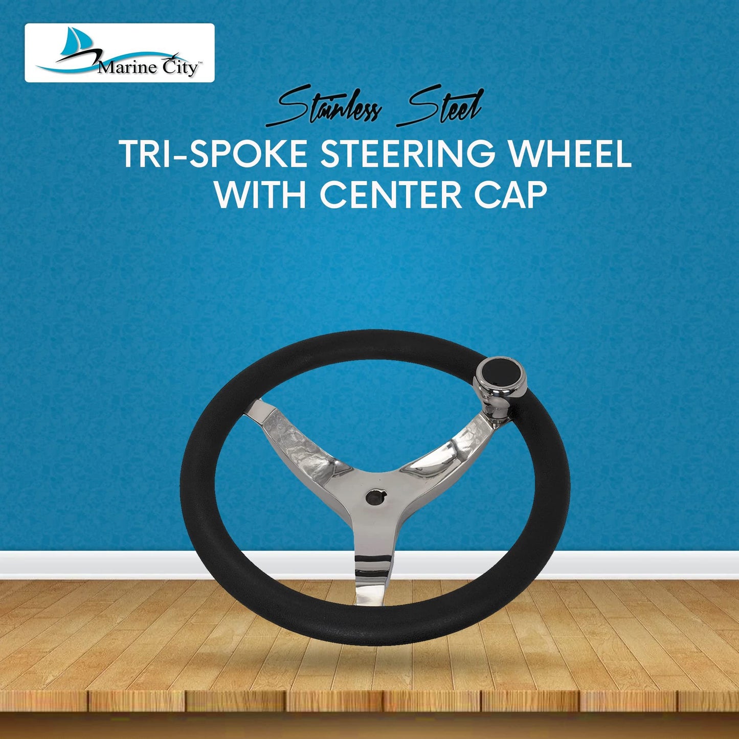 MARINE CITY 3-Spoke Steering Wheel with Knob – 13-1/2” 316 Stainless Steel