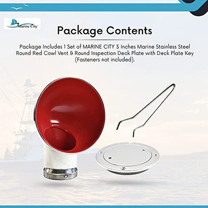 Marine City 304 Stainless Steel Round Red Cowl Vent with 3” Deck Plate & Key