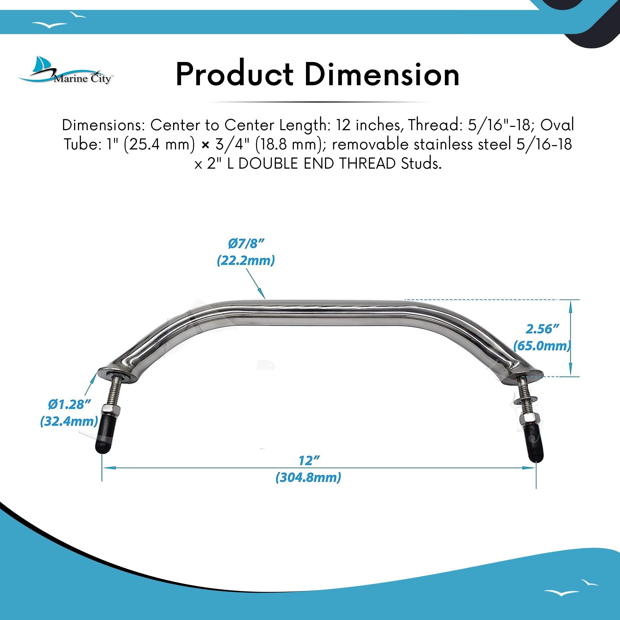Marine City 12/16/18 Inches Marine 304 Stainless-Steel Handrail/Grab Rail Handle with Double End Studs (1Pcs)