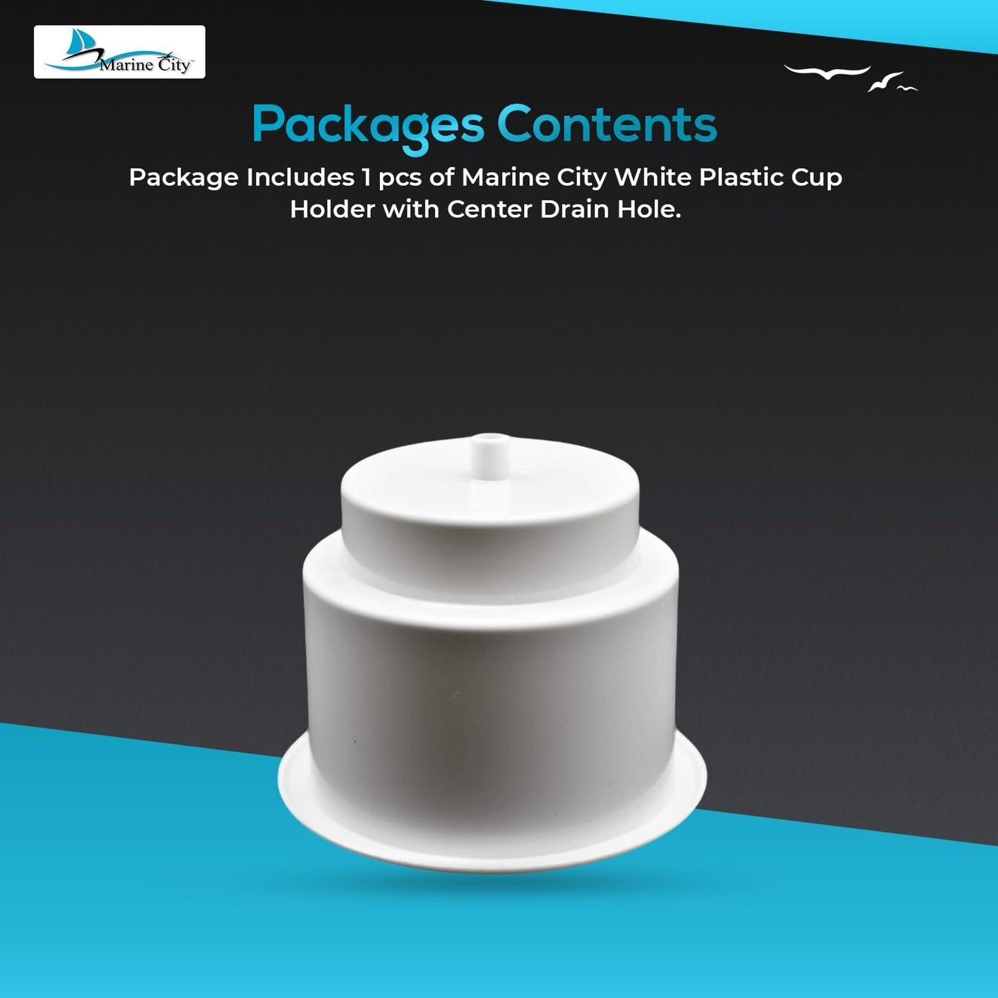 Marine City ABS White Plastic Cup Holder with Center Drain – Flush Mount Holder Marine City