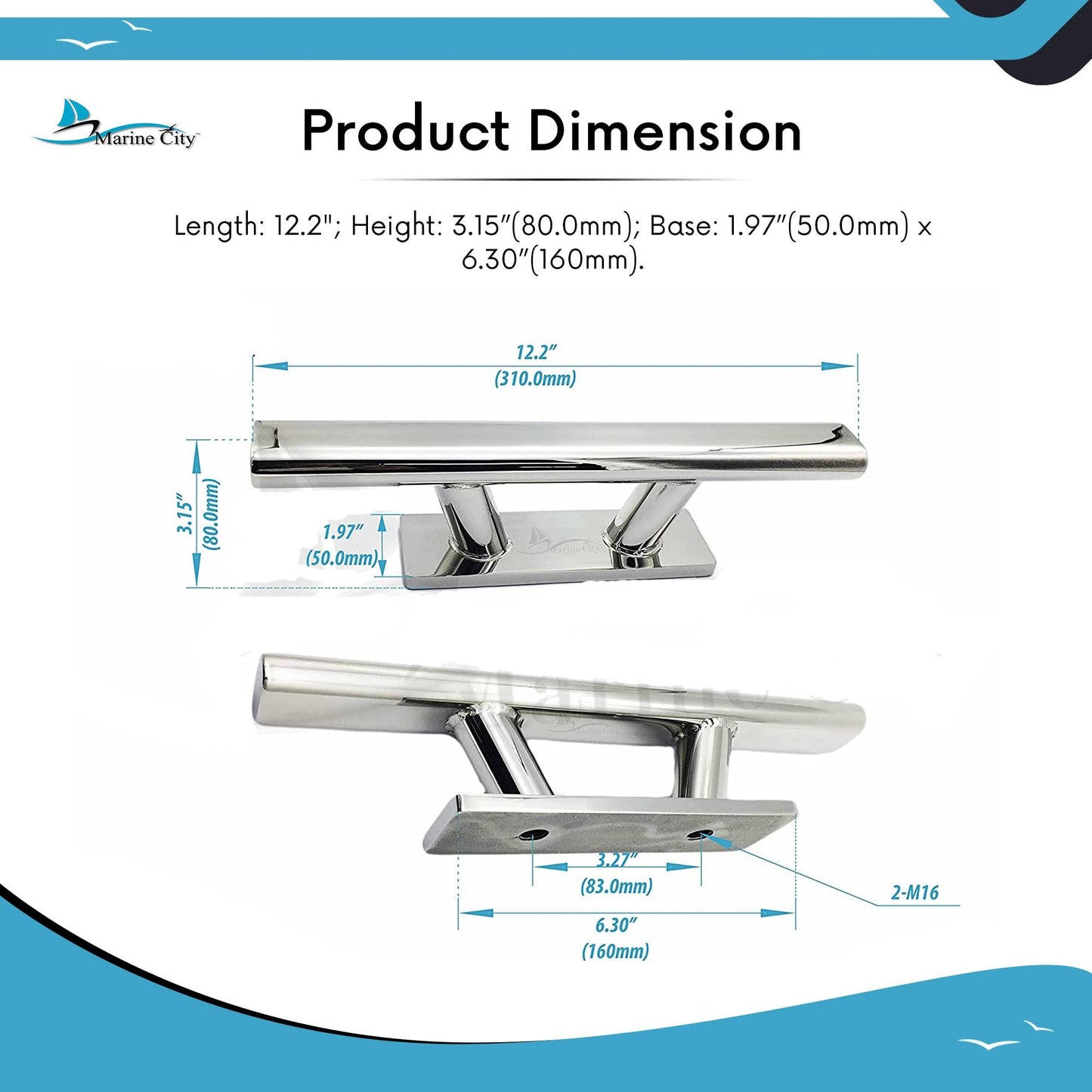 Marine City 316 Stainless Steel Mooring Bollard Cleat – Heavy Duty 12-Inch