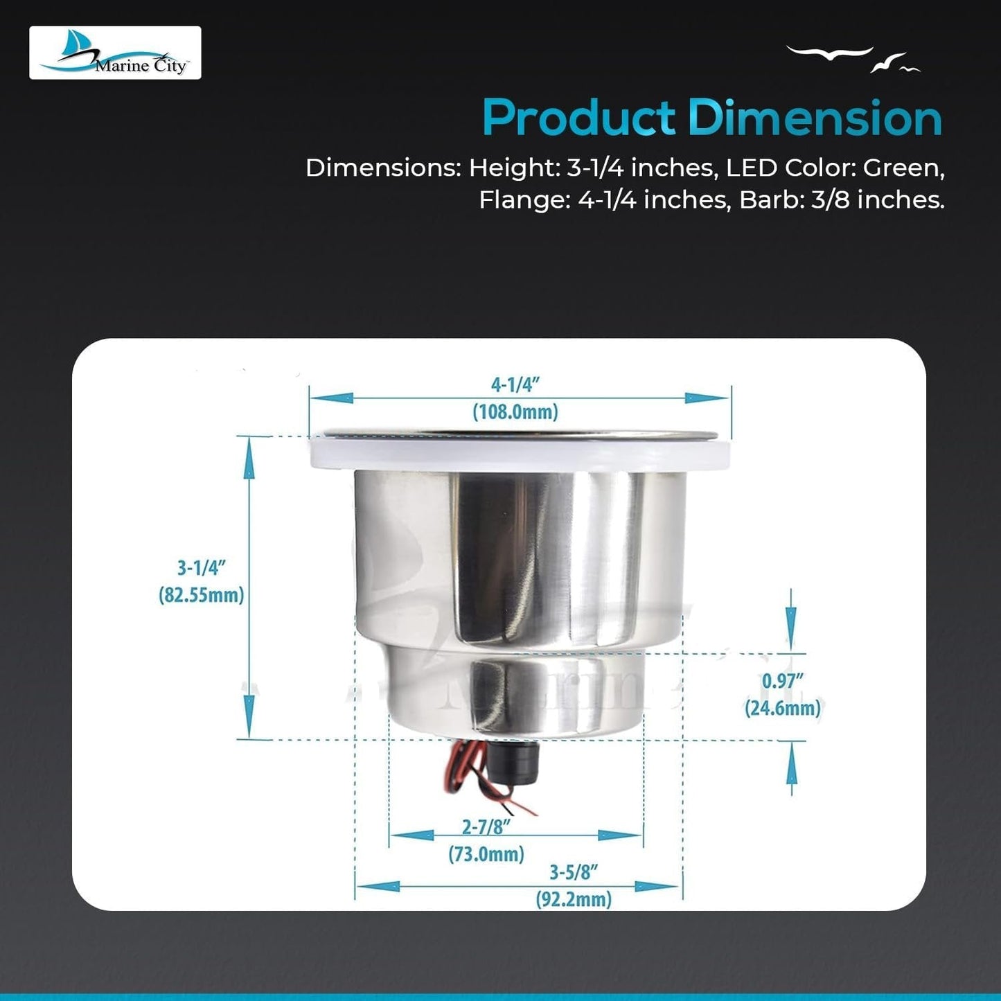 Marine City Stainless Steel Green LED Cup Holder with Drain Corrosion-Resistant Marine City