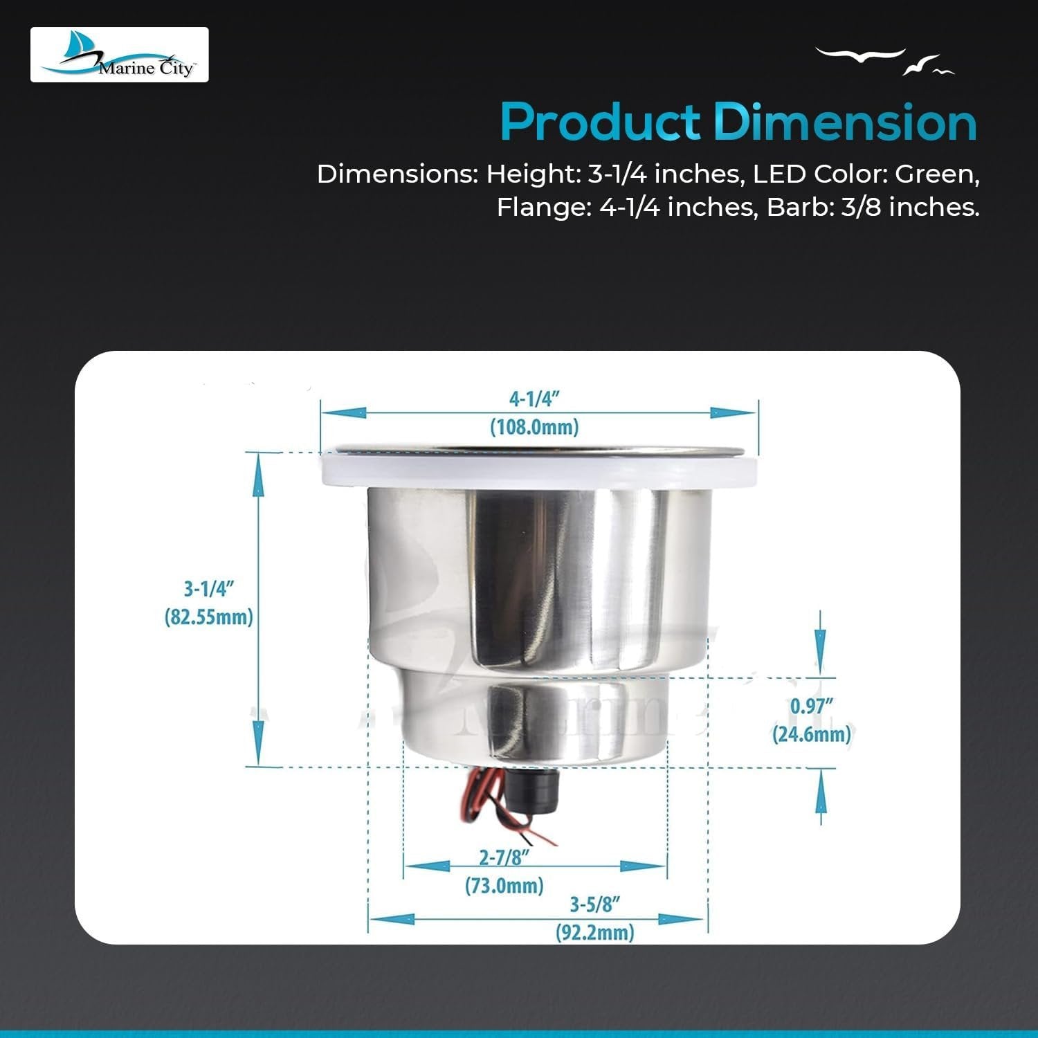 Marine City Stainless Steel Green LED Cup Holder with Drain Corrosion-Resistant Marine City