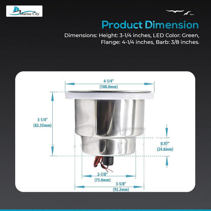 Marine City Stainless Steel Green LED Cup Holder with Drain Corrosion-Resistant Marine City