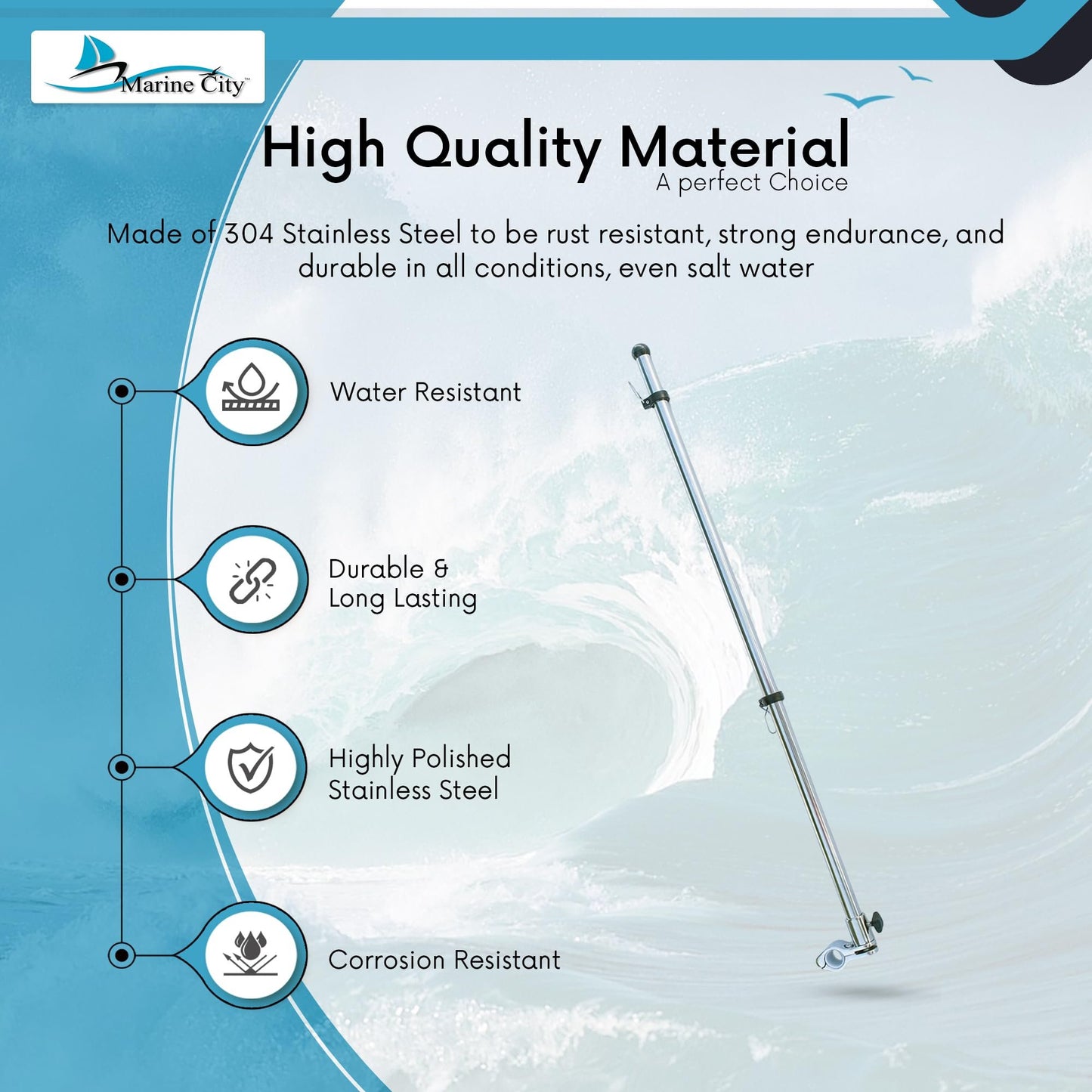 Marine City 32-Inch Rail-Mounted Flag Pole & Base Kit – 304 Stainless Steel