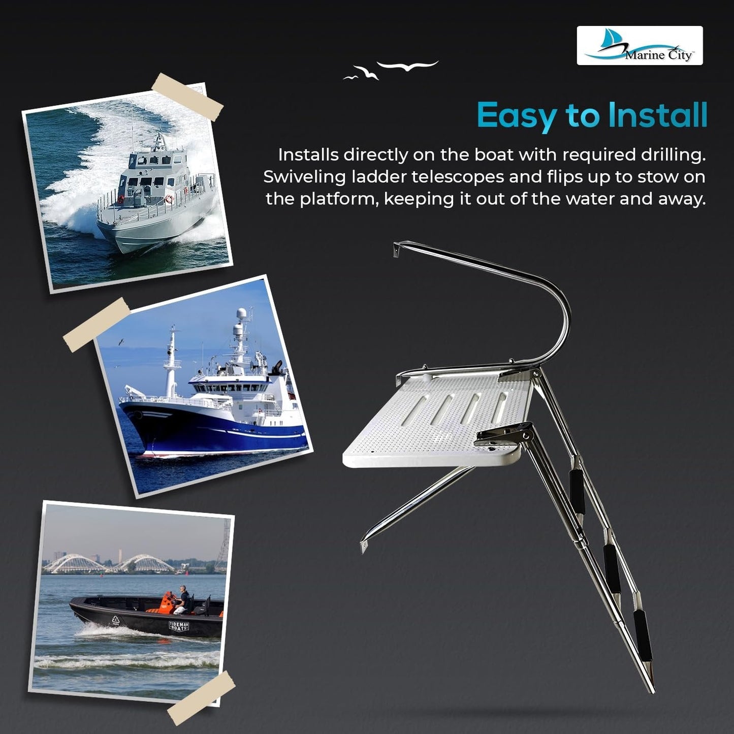 Marine City 304 Stainless Steel 3-Step O/B Swim Platform Telescoping Boat Ladder Marine City