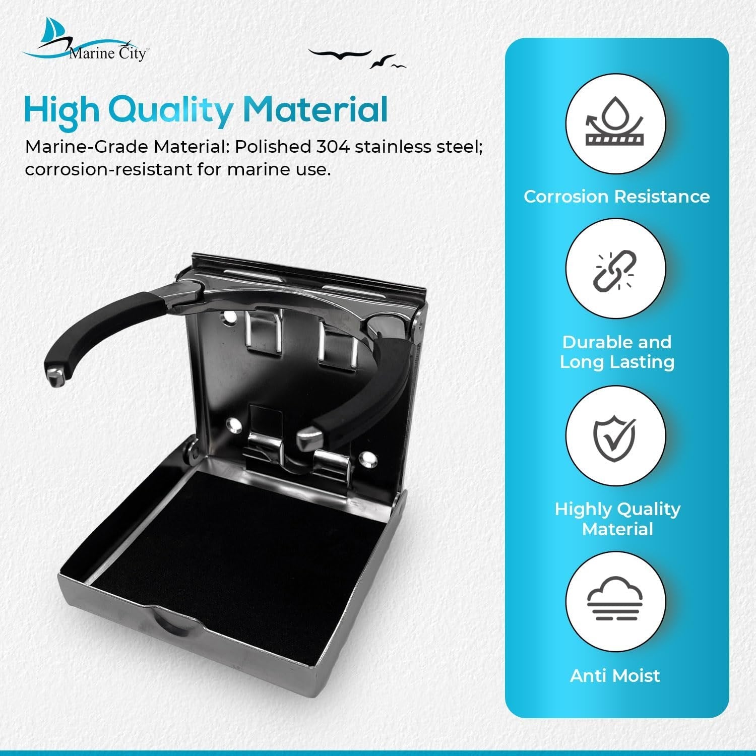 Marine City Adjustable Folding Cup Holder – 304 Stainless Steel Polished (Large) Marine City Hardware