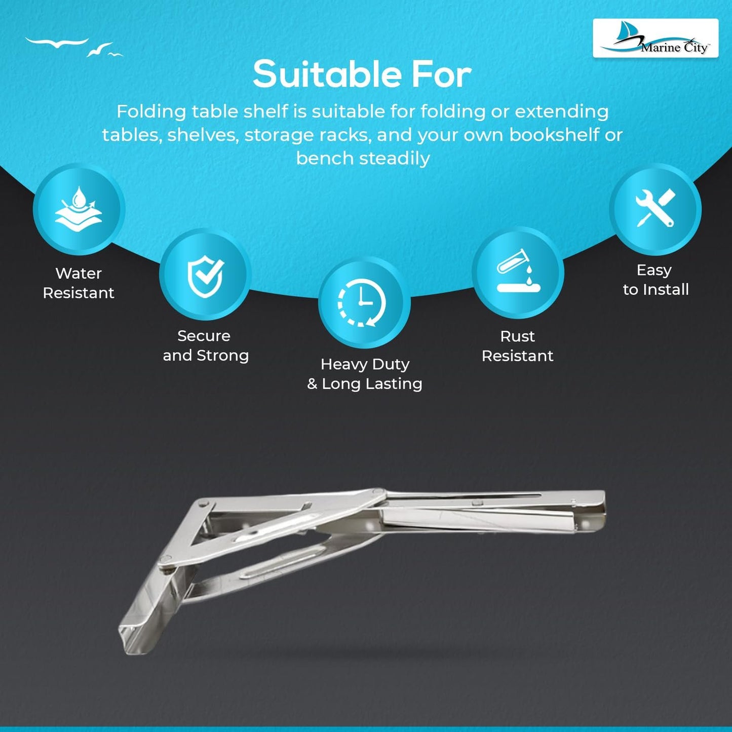 Marine City 304 Stainless Steel Table Bracket – 12” Folding Shelf Bracket