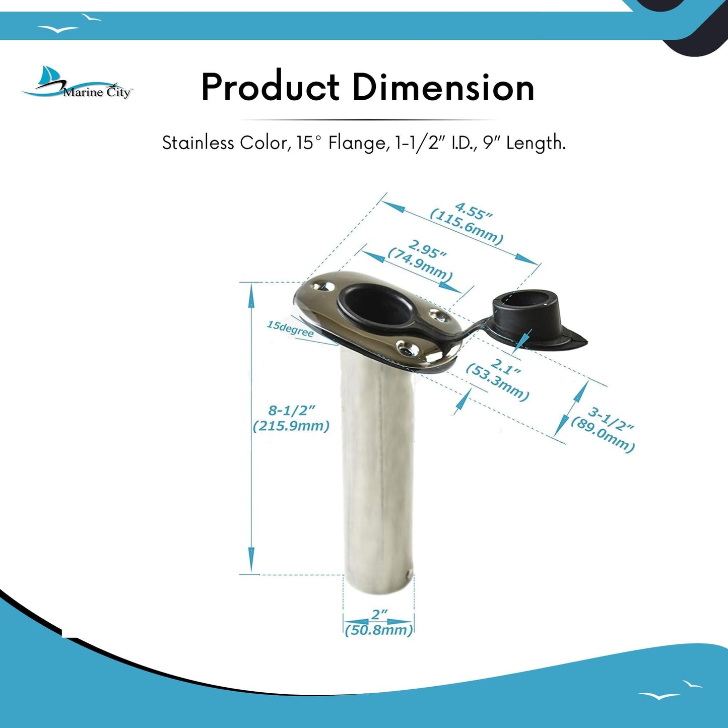 MARINE CITY Stainless Steel Flush Mount Rod Holder – 15° Angle with PVC Liner Marine City