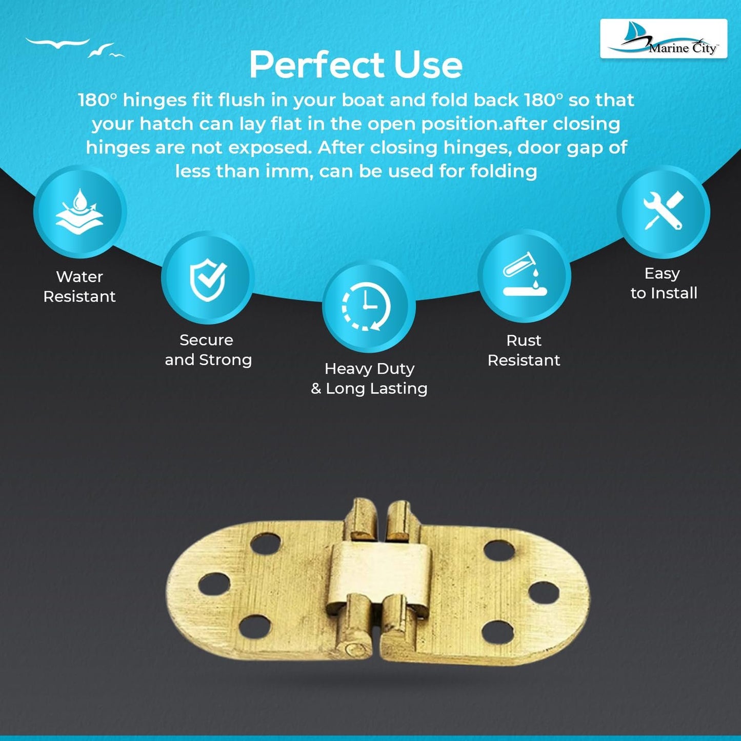 Marine City Hidden Hatch Hinges – Brass 180° Flush Mount, 2-13/16” (Pack of 2)