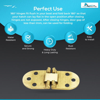 Marine City Hidden Hatch Hinges – Brass 180° Flush Mount, 2-13/16” (Pack of 2)