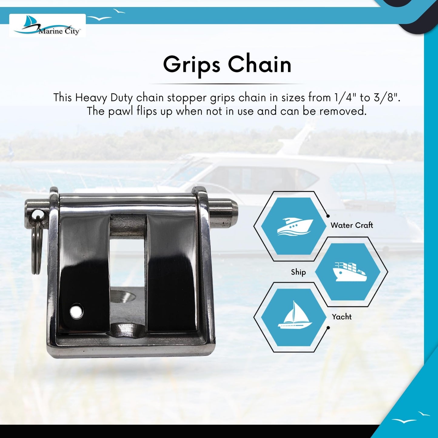 Marine City 316 Stainless Steel Anchor Chain Stopper - Fits 1/4" to 3/8" Chain Marine City