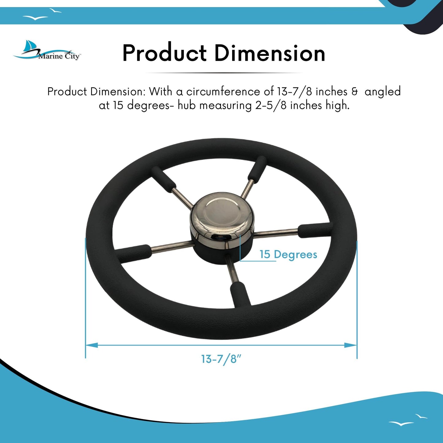 Marine City 5 Spoke Boat Steering Wheel – 316 Stainless Steel, Gray PU Foam Grip