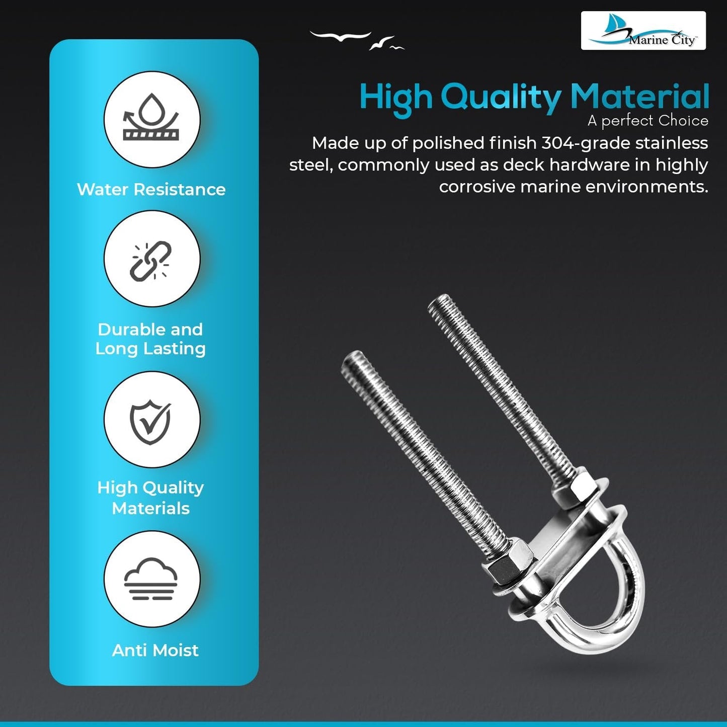 Marine City Stern Bow Eye Tie Down U-Bolt–304 Stainless Steel Welding Plate 4.5" Marine City Hardware