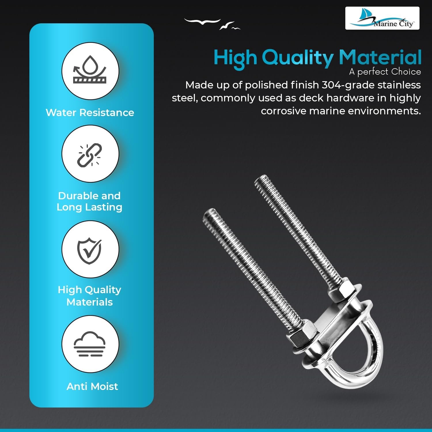 Marine City Stern Bow Eye Tie Down U-Bolt–304 Stainless Steel Welding Plate 4.5" Marine City Hardware