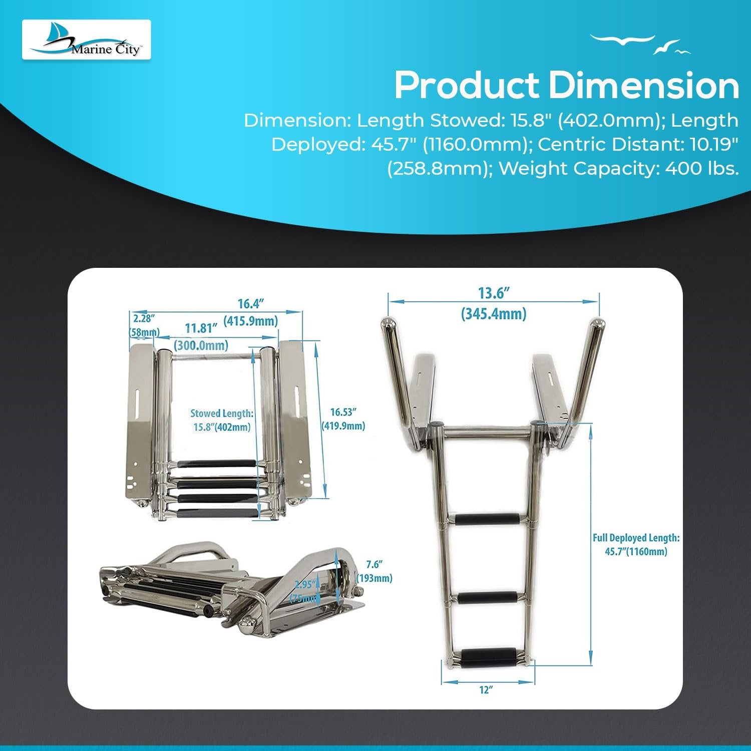 Marine City 4-Step Telescoping Ladder with Retractable Handrail Stainless Steel MARINE CITY