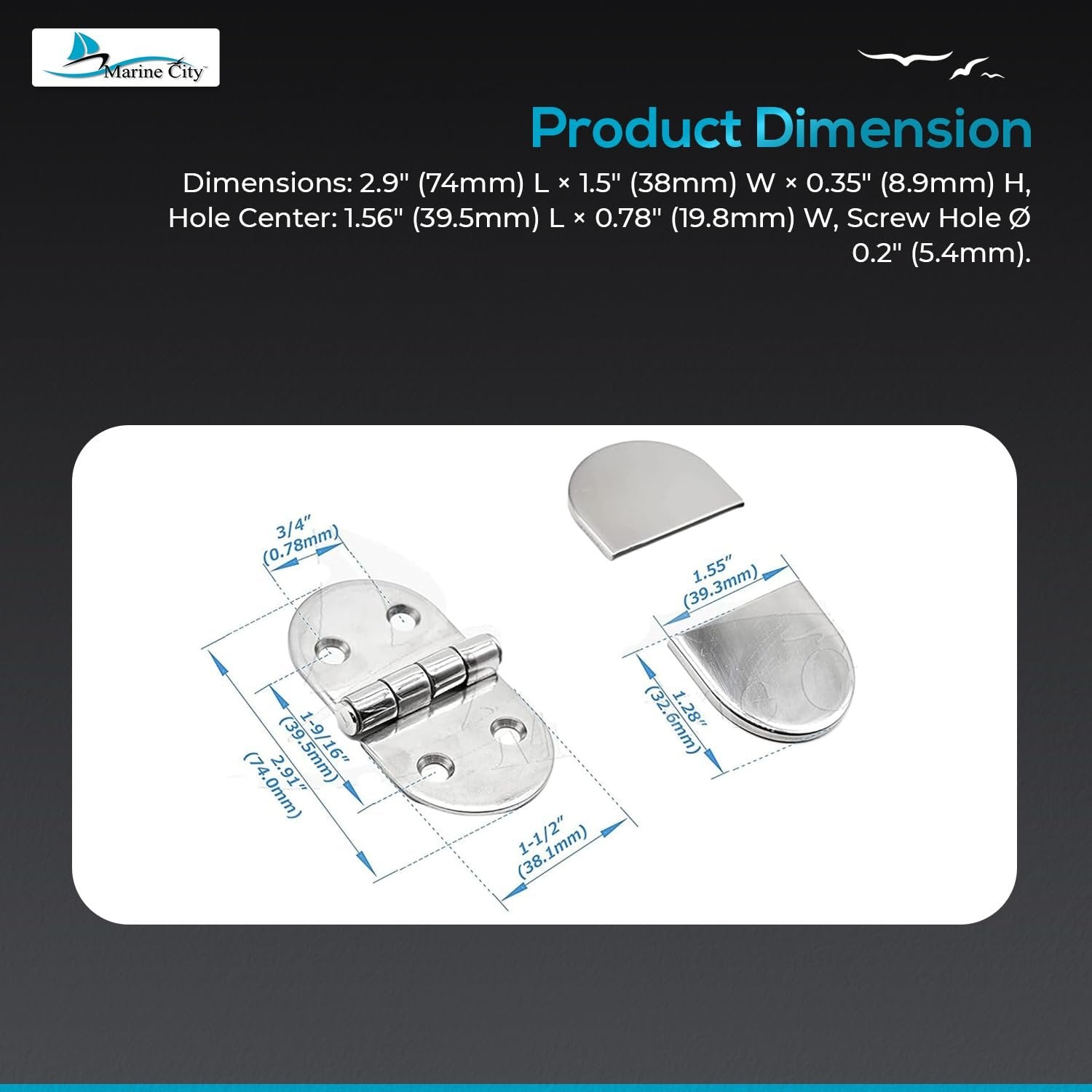 Marine City 316 Stainless Steel D-Shaped Covered Strap Hinge (Pack of 2) MARINE CITY