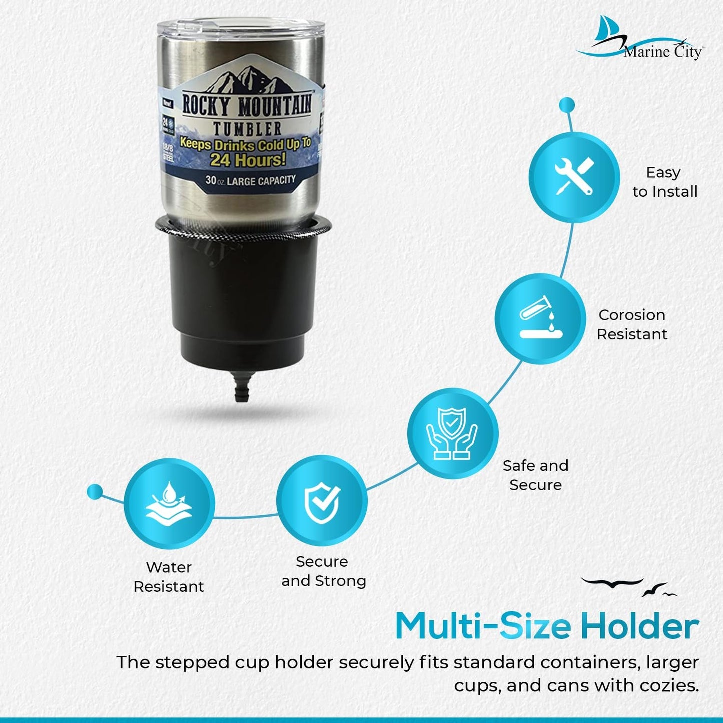 Marine City Black Closeable Plastic Cup Holder with Drain – Flush Mount Design
