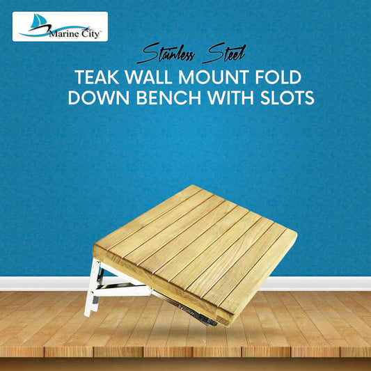 Marine City Teak Wall Mount Fold Down Bench 18” × 13” Stainless Steel Brackets