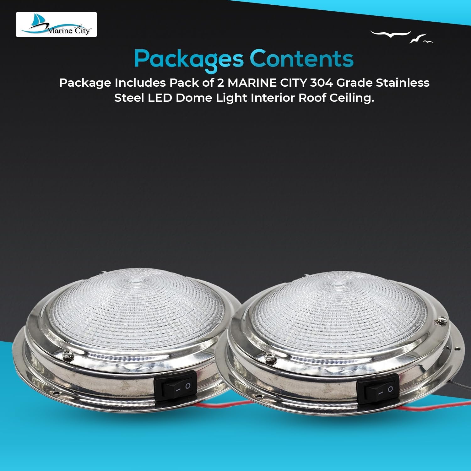Marine City 304 Stainless Steel LED Dome Light 4” Lens, 12V, 3W, Water-Resistant Marine City