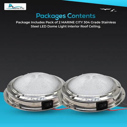 Marine City 304 Stainless Steel LED Dome Light 4” Lens, 12V, 3W, Water-Resistant Marine City