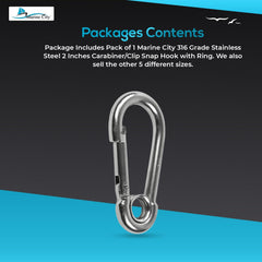 MARINE CITY 316 Stainless-Steel 2-3/8” Carabiners/Clip Snap Hook with Ring for Sailing, Fishing, Hiking