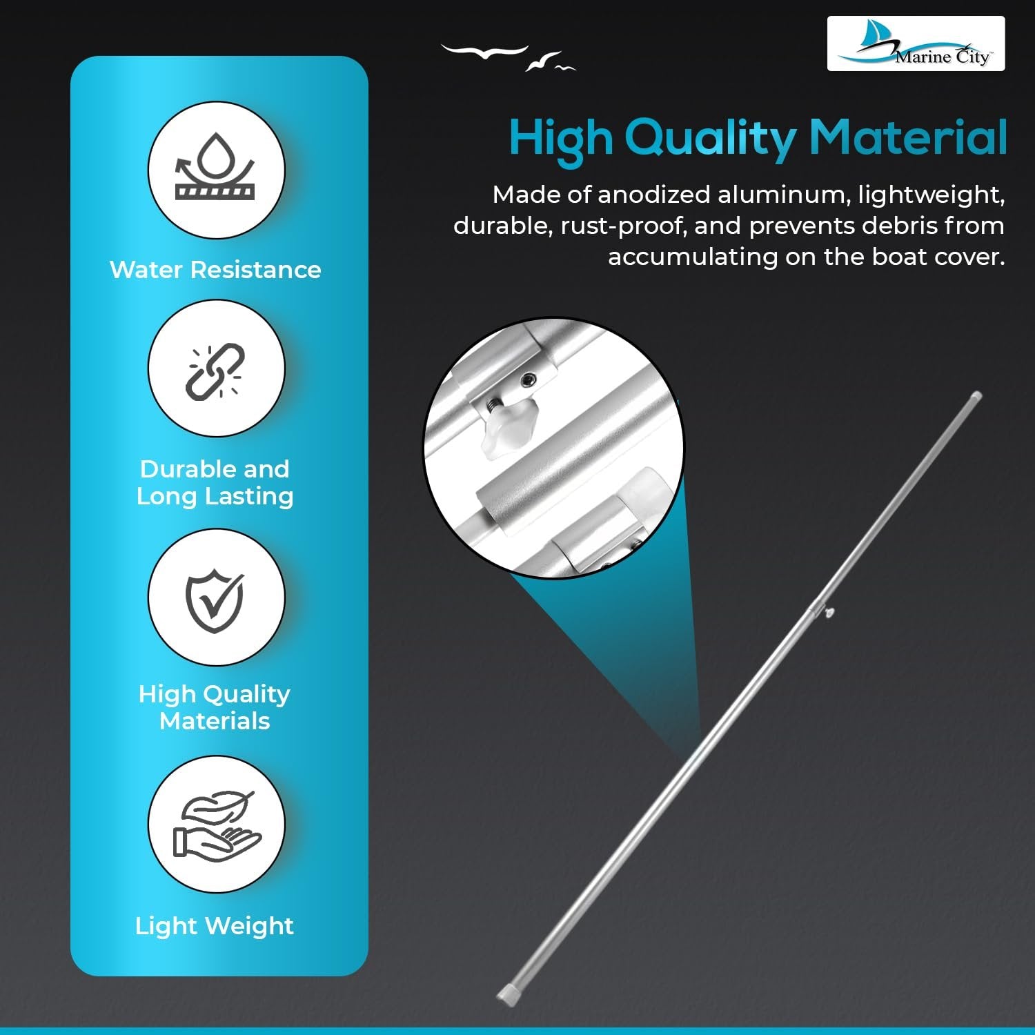 Marine City Adjustable Aluminum Boat Cover Support Pole – Extendable 28"–55” Marine City Hardware