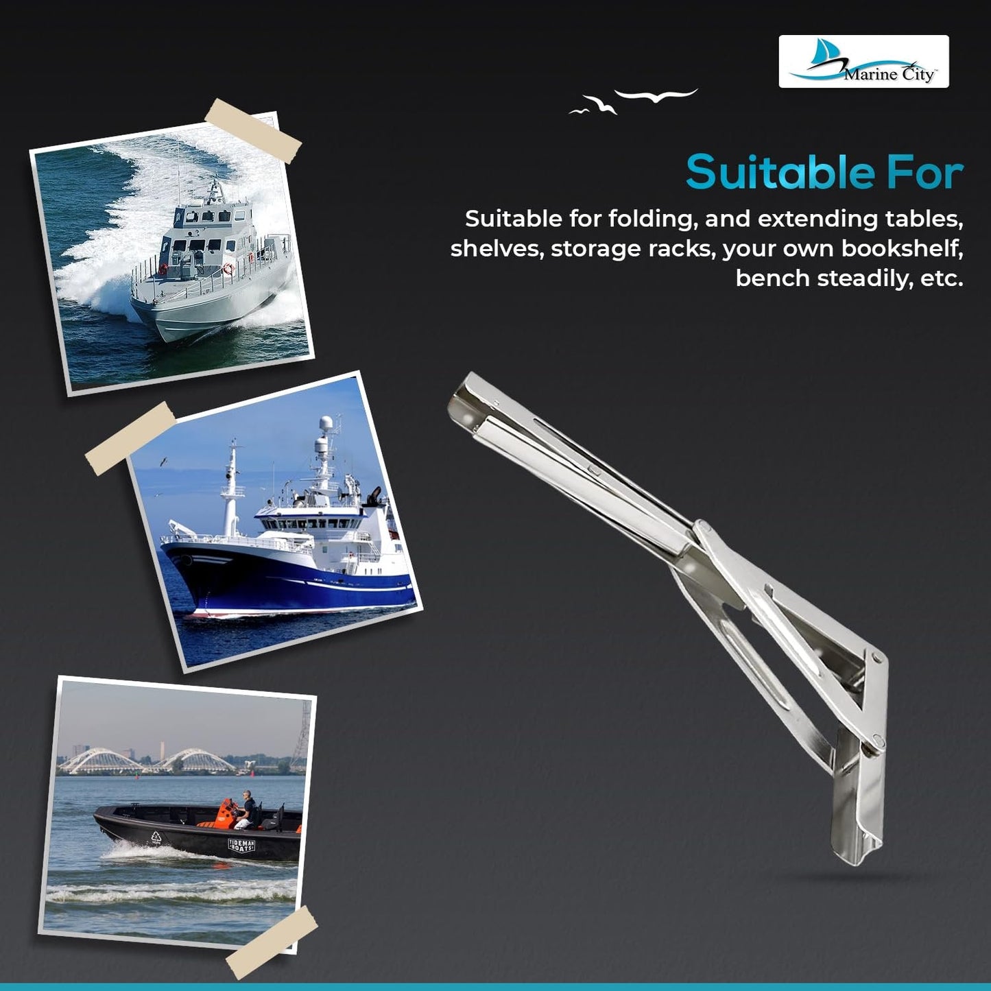 Marine City 304 Stainless Steel Folding Shelf Bracket – 12” Long Arm, Heavy Duty Marine City Hardware